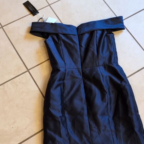 NWT Alfred Sung Off-The-shoulder Cuff Trumpet Gown Slit Midnight Navy Blue 6 - Picture 4 of 13